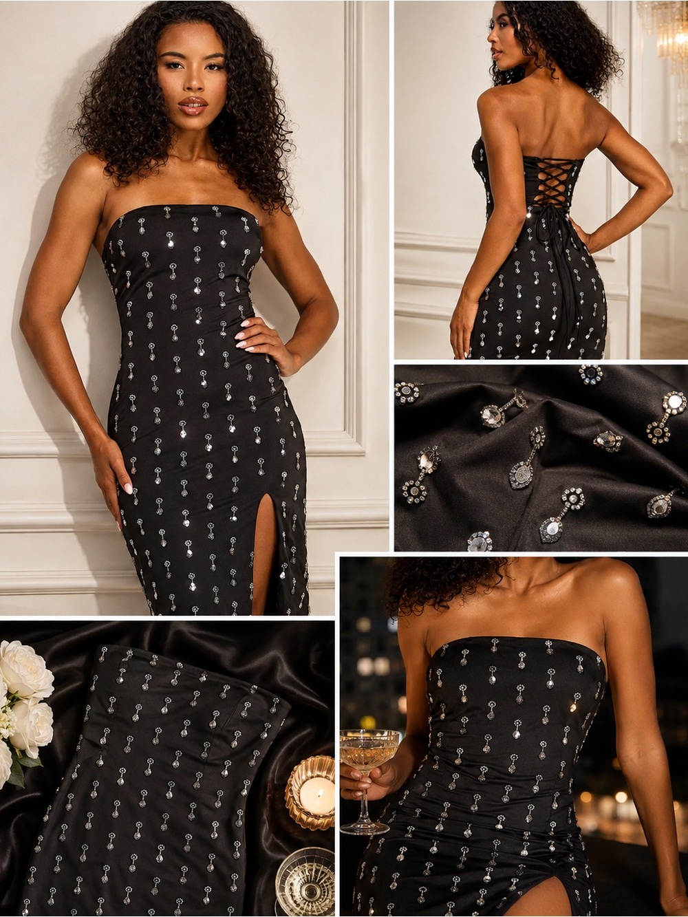SENI & CADE Beaded Satin Strapless Corset Back Midi Dress Black XXS NWT